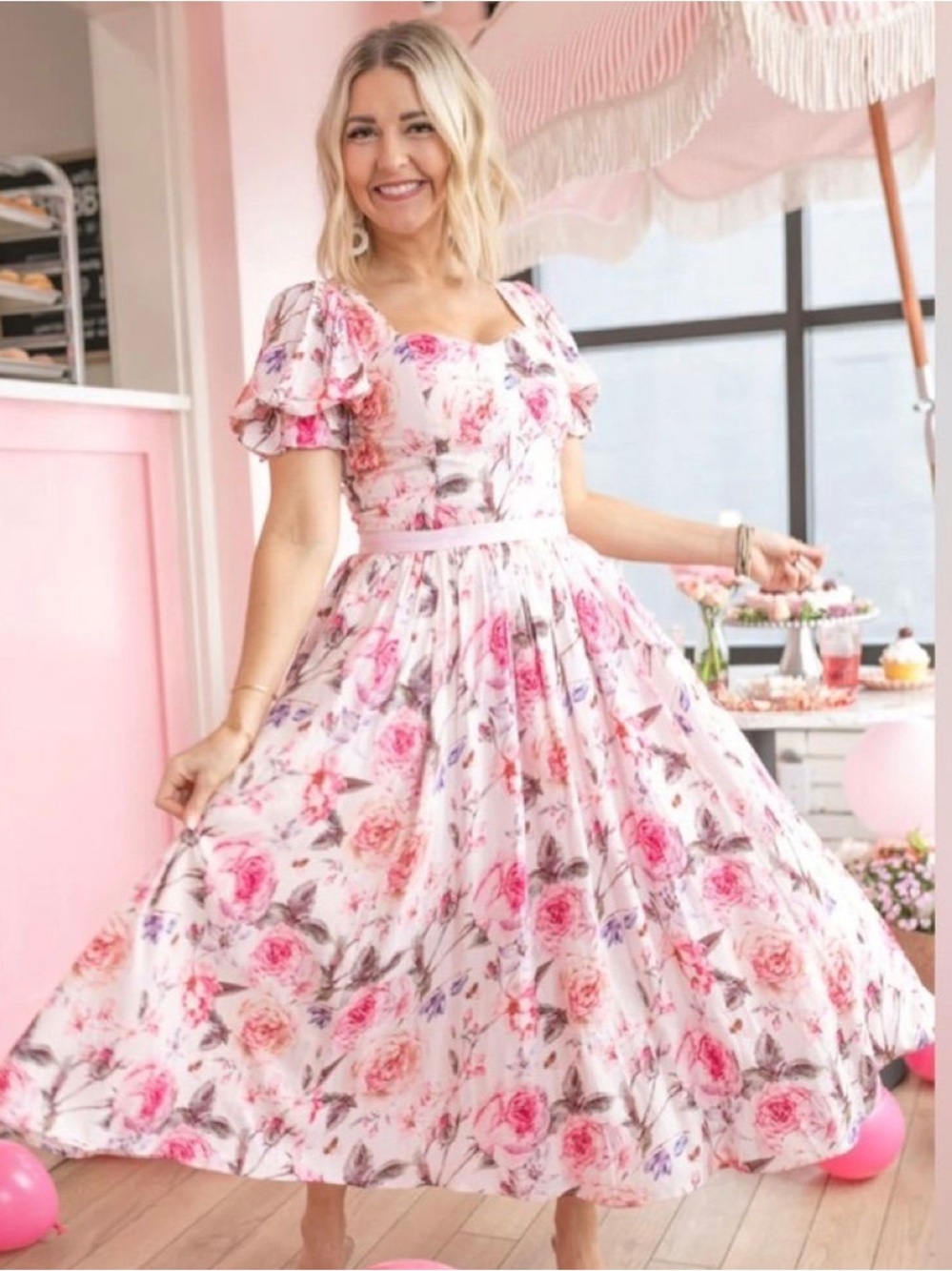 Ivy City Co Ballerina Pink Floral Midi Dress XS Puff Sleeve Sweetheart